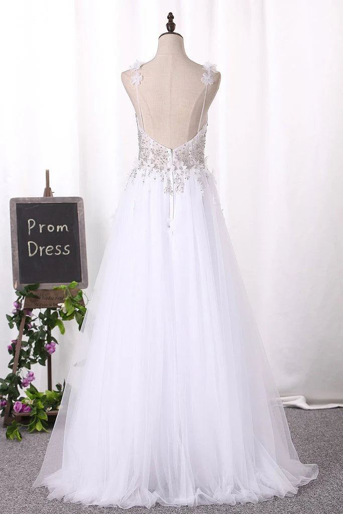 Tulle Spaghetti Straps Wedding Dresses A Line With Beads And Handmade Flower