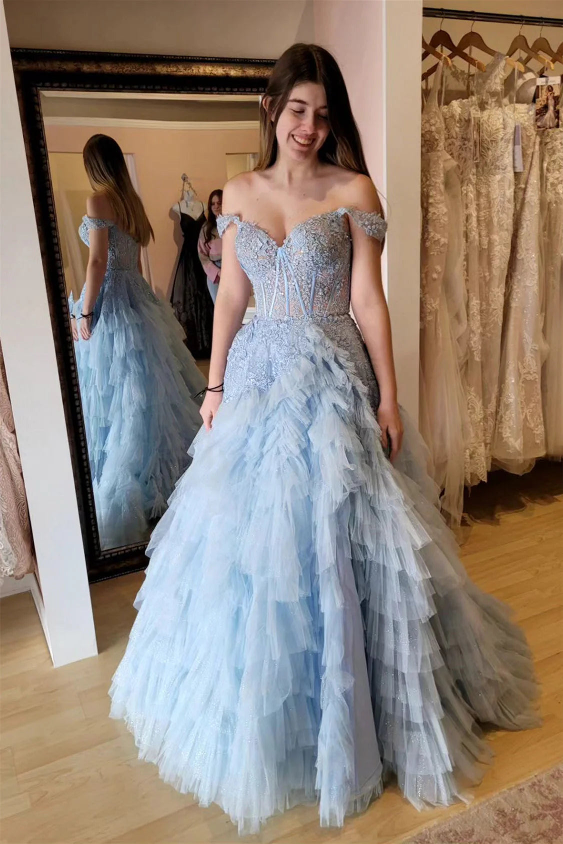 Gorgeous Tulle Tiered Off The Shoulder Gradient Prom Dress With Appliques