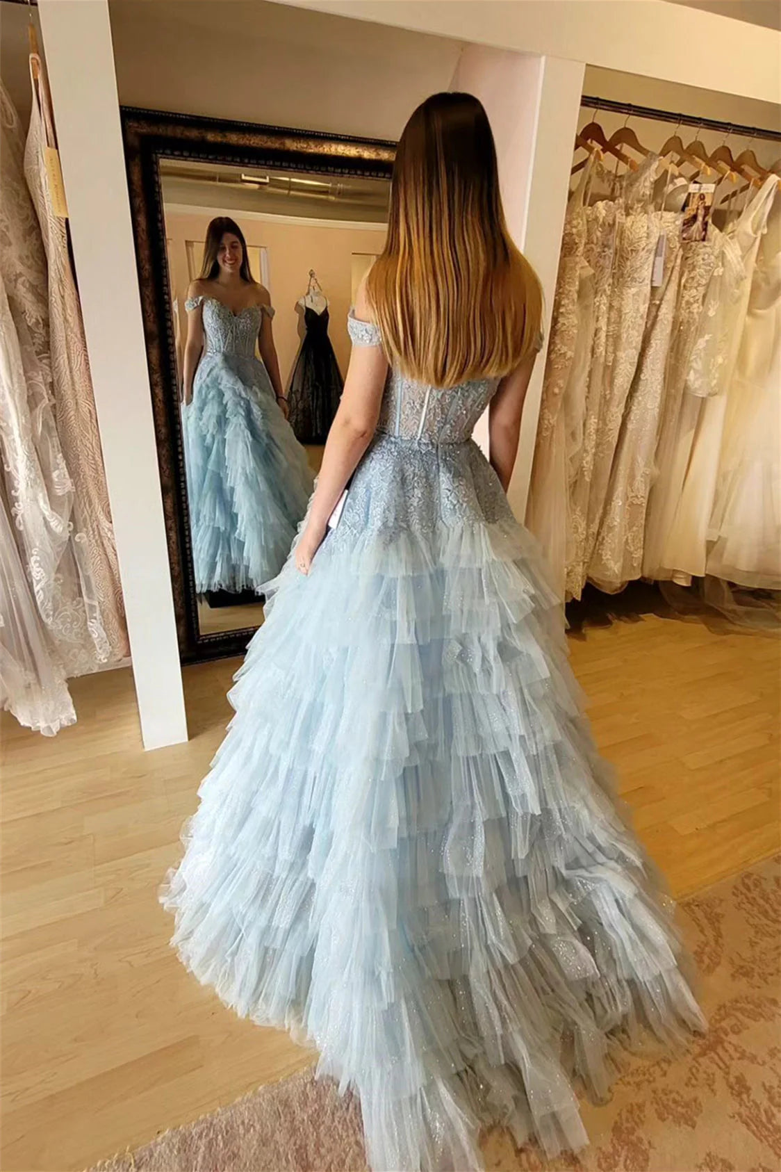 Gorgeous Tulle Tiered Off The Shoulder Gradient Prom Dress With Appliques