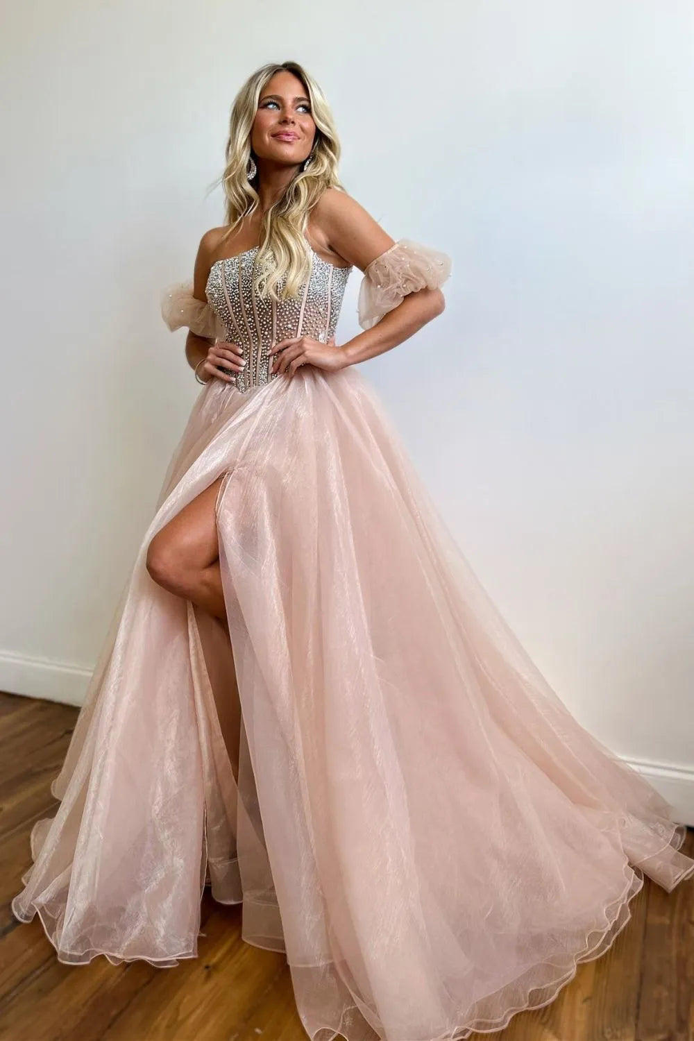 A-Line Strapless Long Tulle Prom Dress With Split And Beading