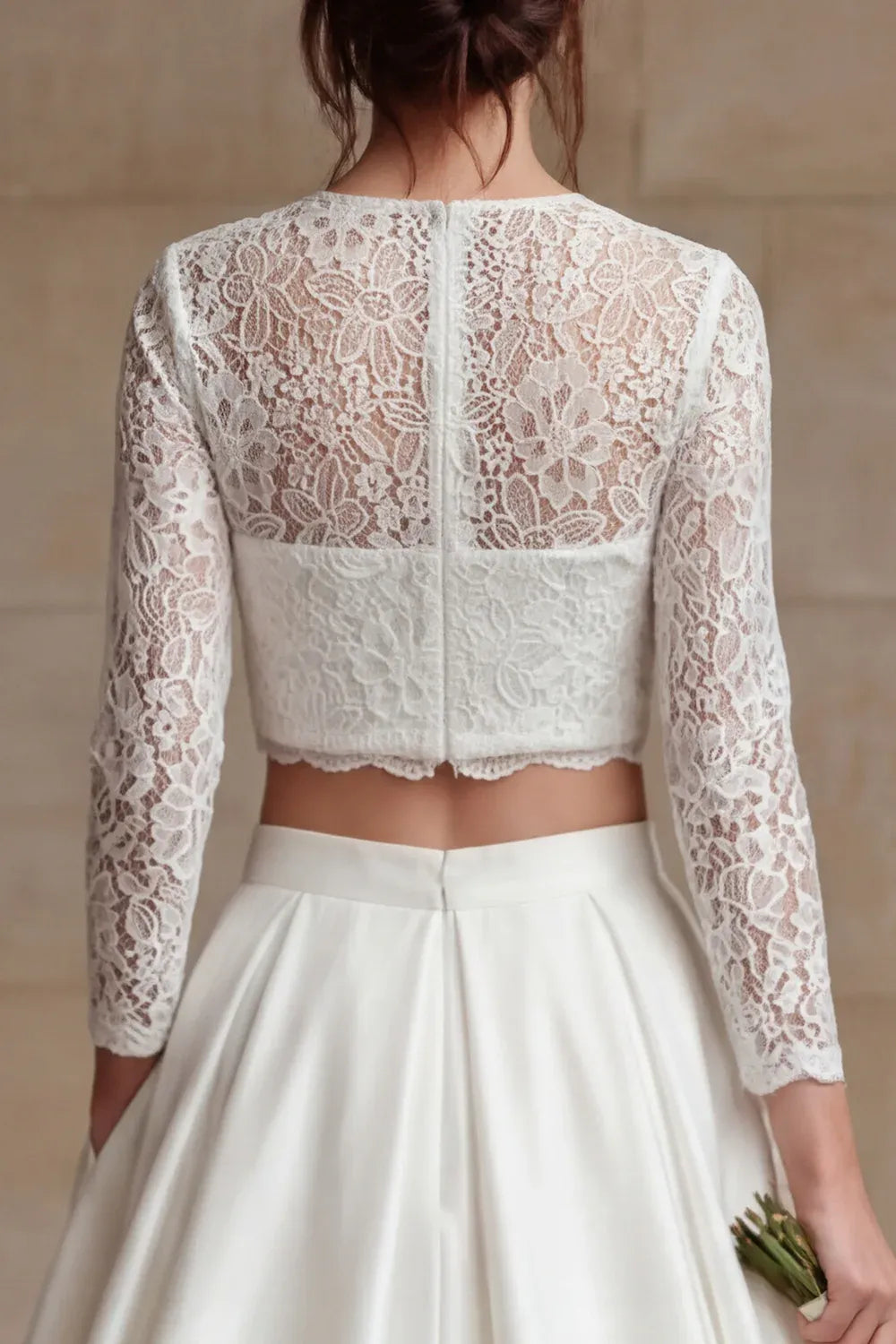 Two-Piece Lace Crop Top and Satin Skirt Wedding Dress - Modern Bridal Gown