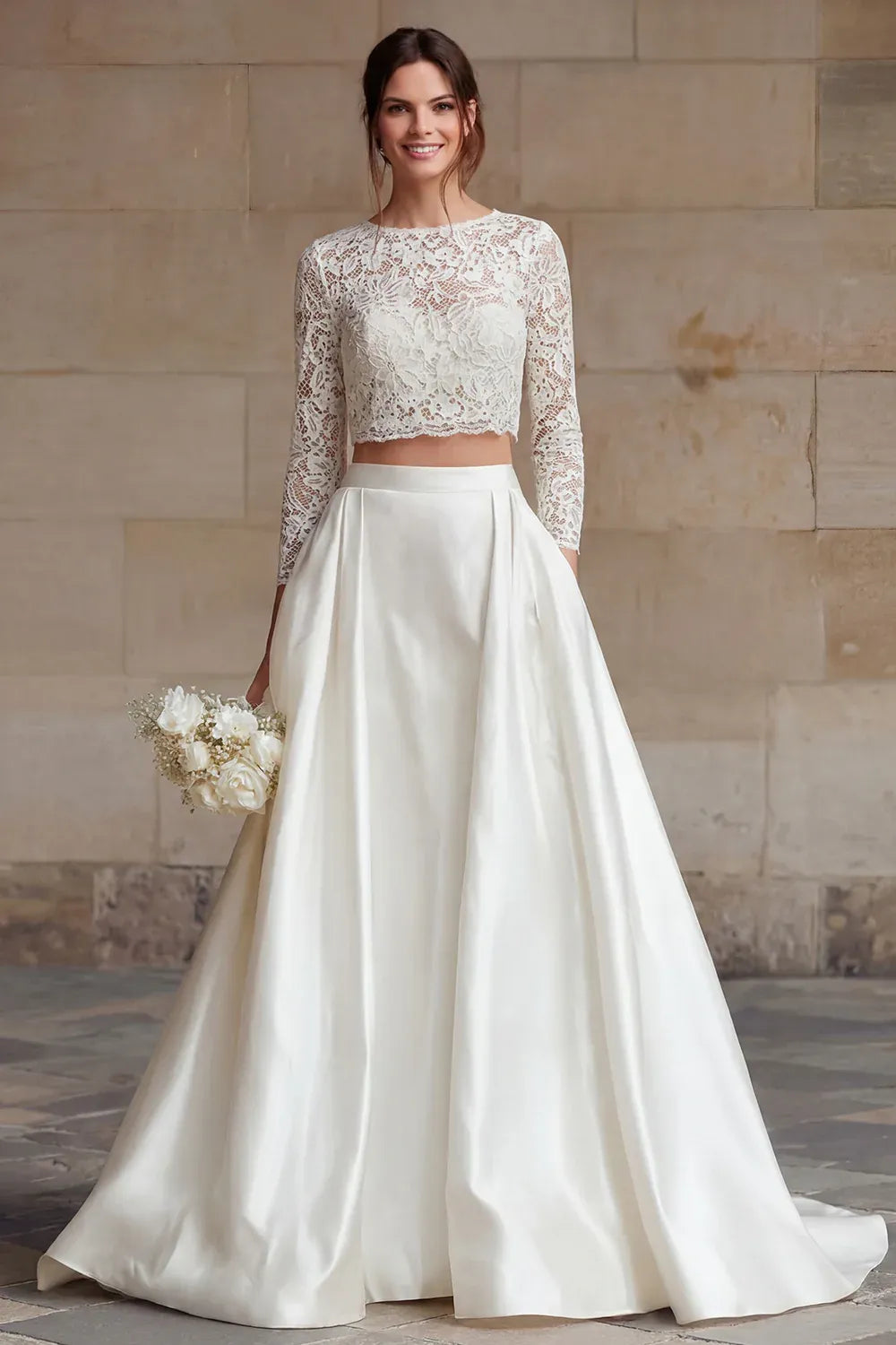 Two-Piece Lace Crop Top and Satin Skirt Wedding Dress - Modern Bridal Gown