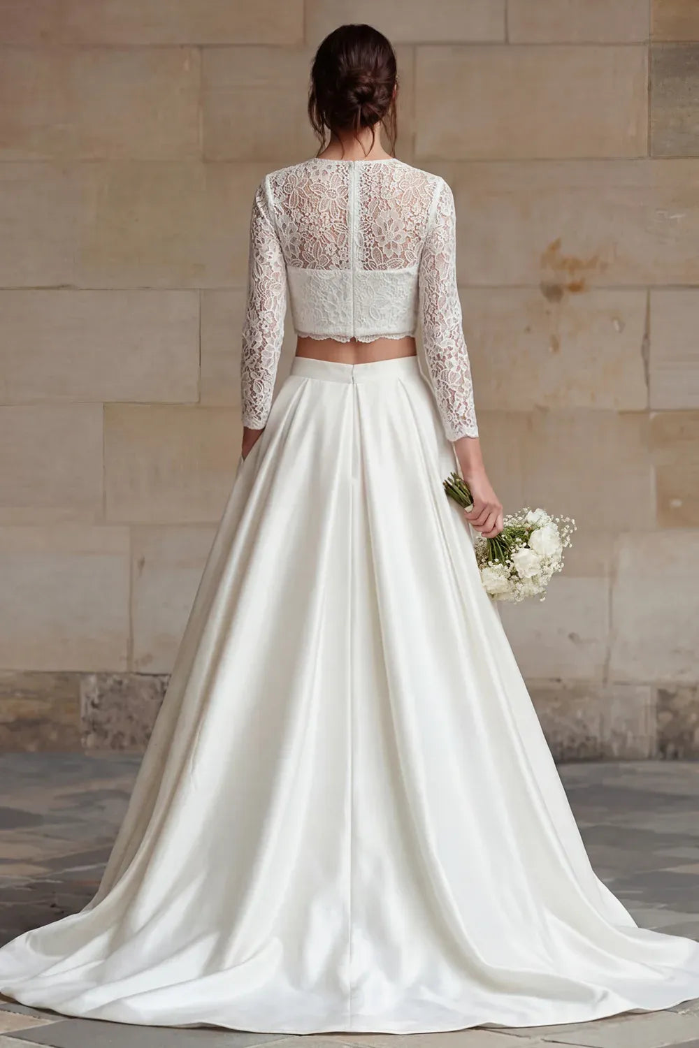 Two-Piece Lace Crop Top and Satin Skirt Wedding Dress - Modern Bridal Gown