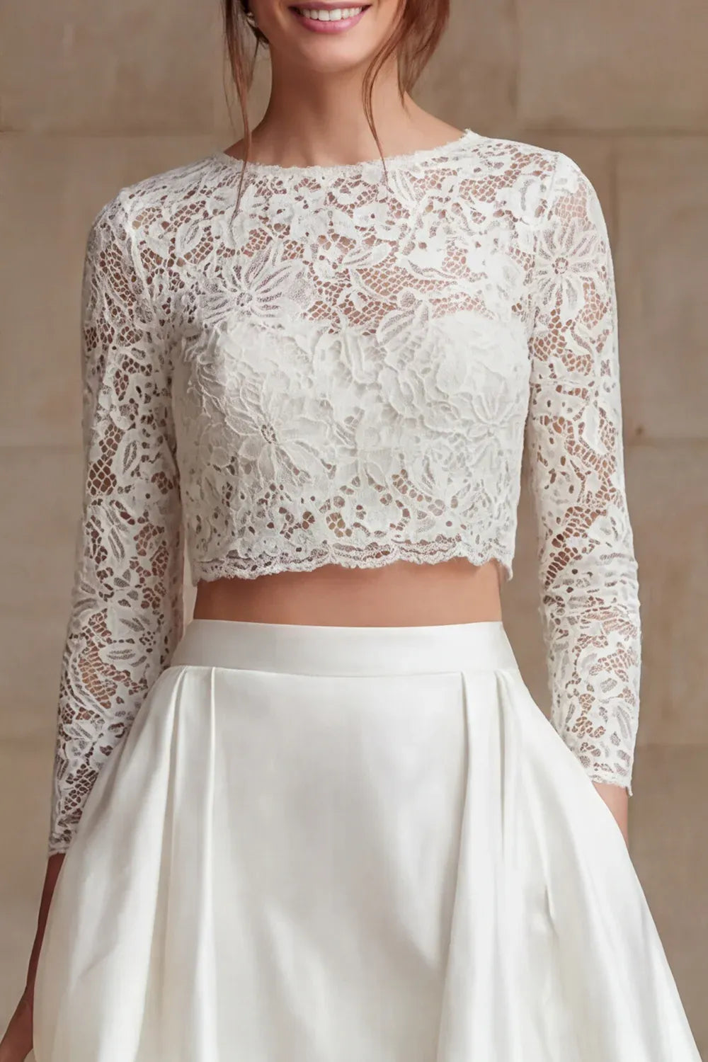 Two-Piece Lace Crop Top and Satin Skirt Wedding Dress - Modern Bridal Gown