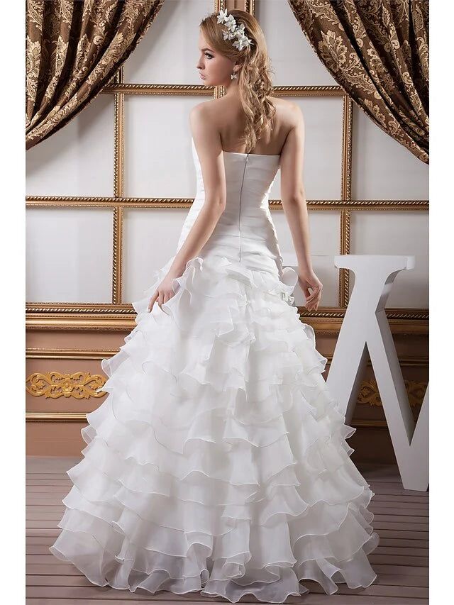 DingjiA-Line Wedding Dresses Strapless Floor Length Organza Satin Strapless with Ruched Cascading Ruffles
