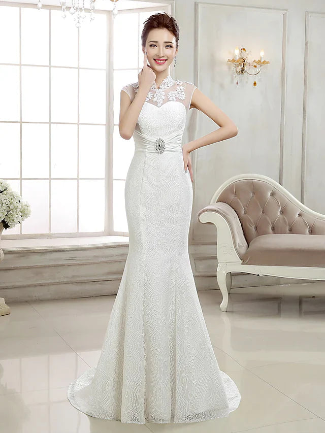 Dingji Wedding Dresses High Neck Lace Cap Sleeve Sexy Illusion Detail Backless with Beading Appliques