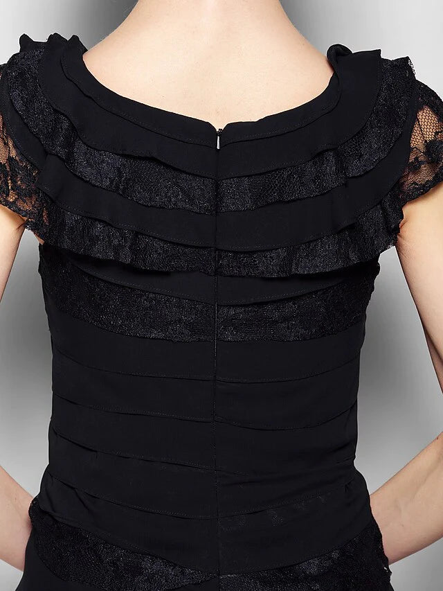 Mother of the Bride Dress Little Black Dress Scoop Neck Knee Length Chiffon Lace Sleeveless with Lace Pleats Ruffles