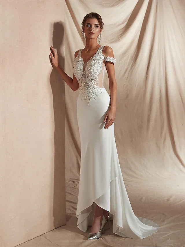 DingjiMermaid Trumpet Wedding Dresses V Neck Asymmetrical Matte Satin Short Sleeve Casual Sexy Illusion Detail Modern with Appliques