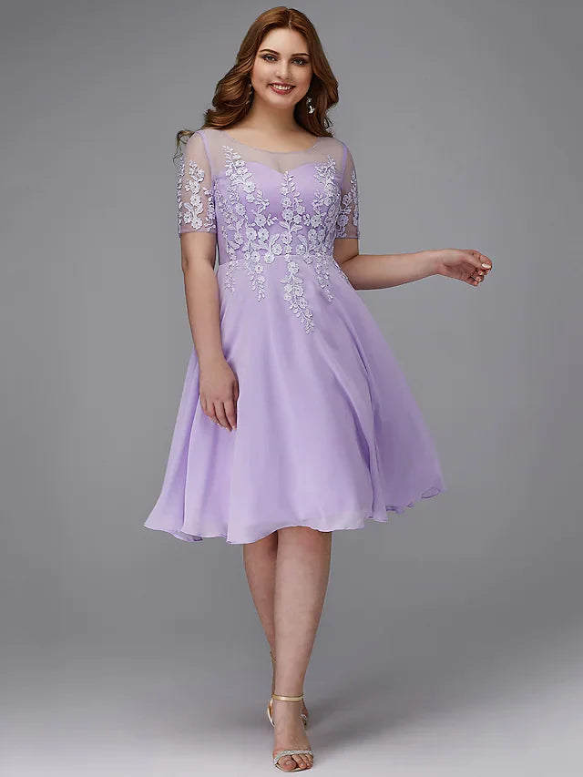 DingjiA-Line Plus Size Homecoming Cocktail Party Dress Illusion Neck Short Sleeve Knee Length Chiffon Lace with Appliques