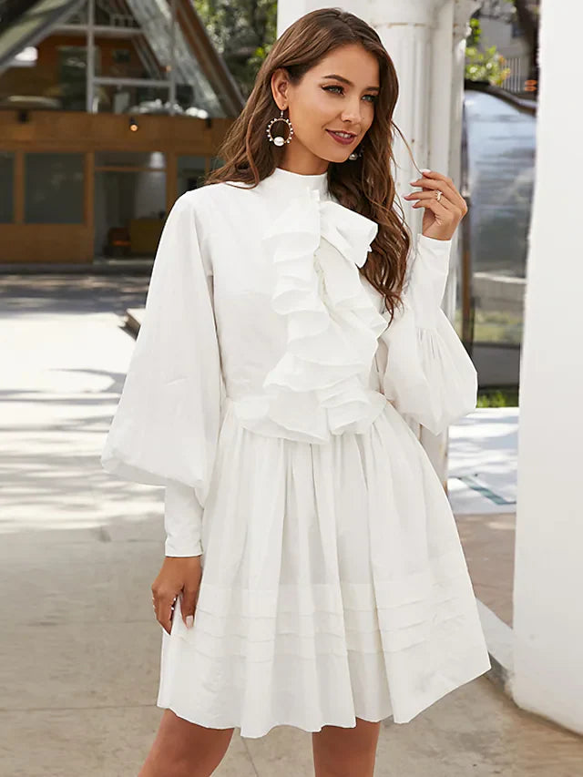 DingjiA-Line Elegant Vintage Party Wear Wedding Guest Valentine's Day Dress High Neck Long Sleeve Short Mini Cotton with Ruffles