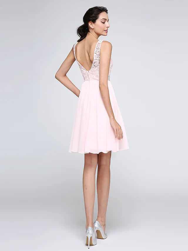 DingjiA-Line Hot Graduation Cocktail Party Dress Illusion Neck Sleeveless Short Mini Chiffon Corded Lace with Crystals
