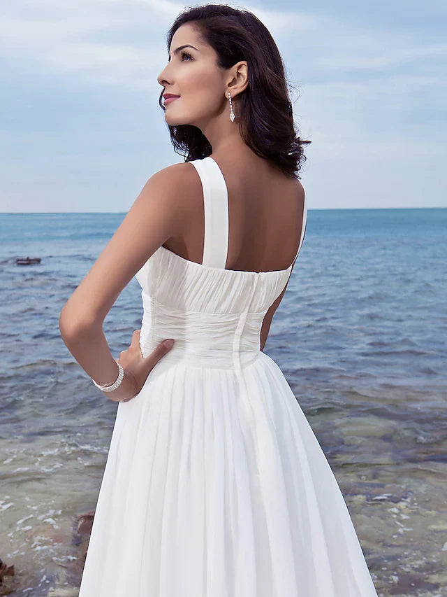 DingjiA-Line Wedding Dresses Jewel Neck Chiffon Regular Straps Formal Beach Plus Size with Ruched Draping