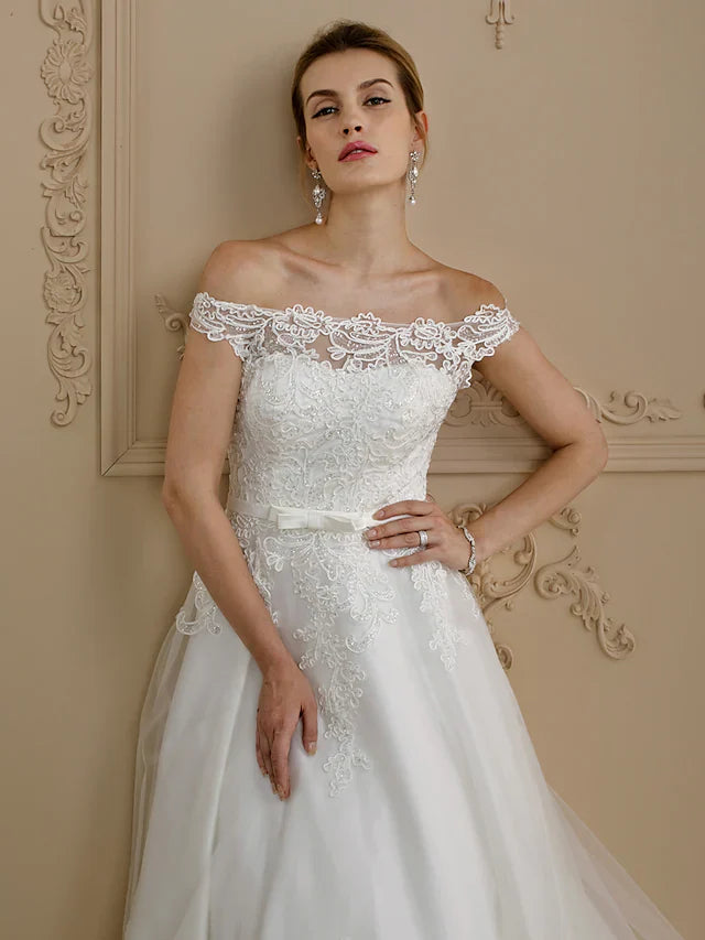 DingjiBall Gown Wedding Dresses Off Shoulder Court Train Lace Tulle Cap Sleeve Country Glamorous See-Through Plus Size Backless with Sashes Ribbons Bow(s) Buttons