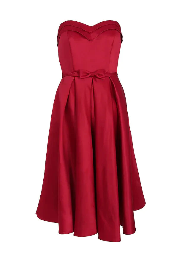 DingjiA-Line Minimalist Elegant Engagement Cocktail Party Dress Strapless Sleeveless Knee Length Satin with Bow(s) Pleats