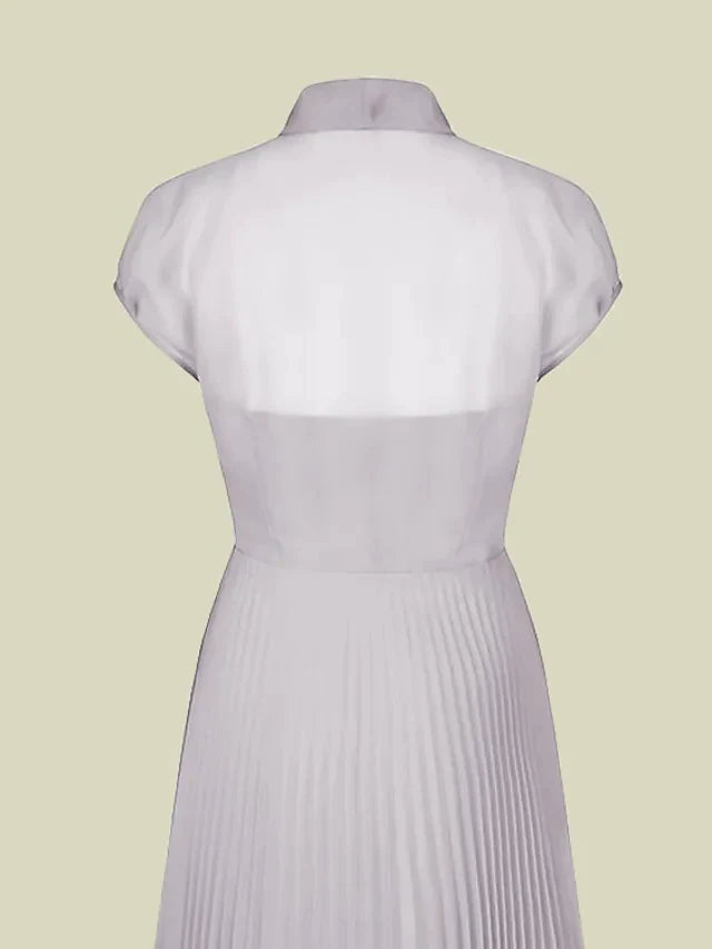 A-Line Mother of the Bride Dress Elegant Jewel Neck Tea Length Organza Short Sleeve with Bow(s) Pleats