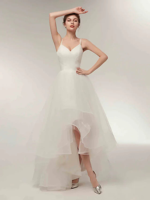 DingjiA-Line Wedding Dresses V Neck Asymmetrical Tulle Spaghetti Strap Simple Casual Little White Dress with Side-Draped