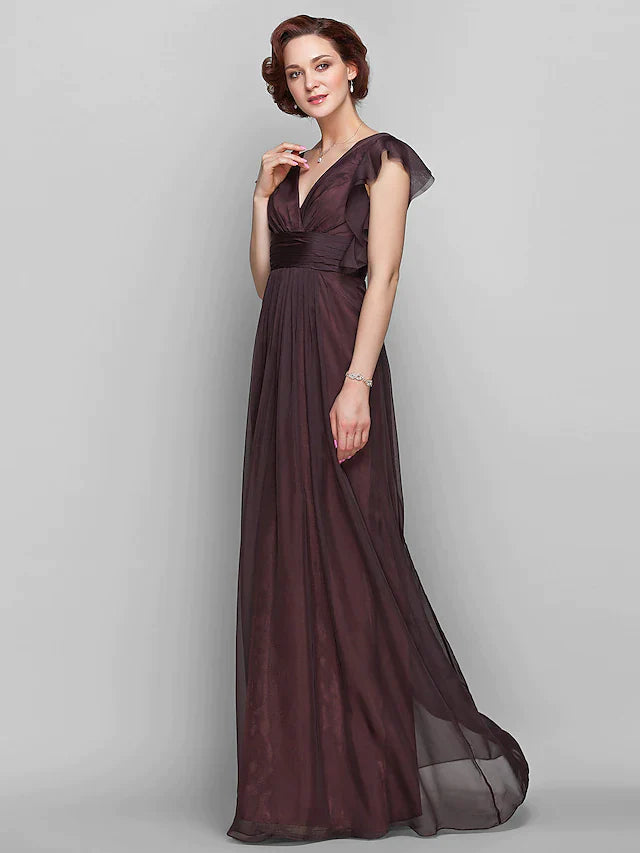 Mother of the Bride Dress Beautiful Back V Neck Floor Length Chiffon Short Sleeve with Criss Cross Ruched Draping