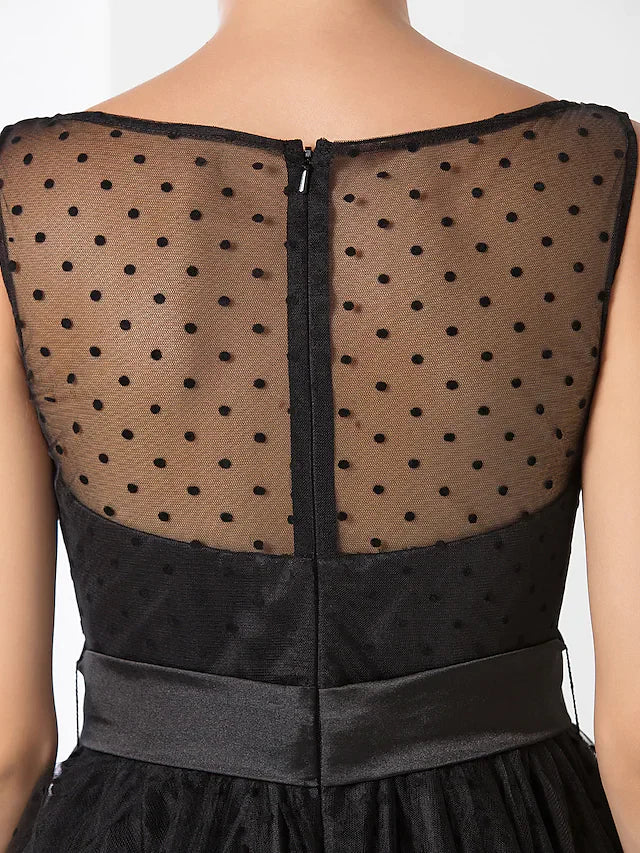 DingjiA-Line Vintage Wedding Guest Black Cocktail Party Dress Illusion Neck Sleeveless Tea Length Tulle with Pattern Print