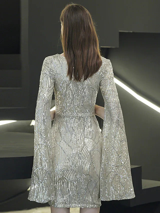 DingjiSparkle Elegant Homecoming Cocktail Party Dress V Neck Long Sleeve Short Mini Sequined with Sequin Split