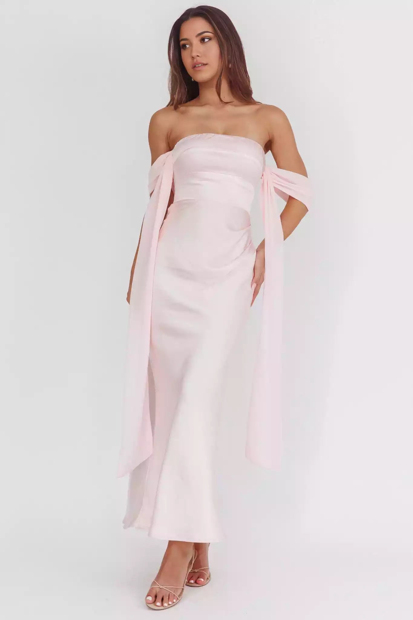 Unforgettable lining with hanging off shoulder sleeves and zippered back Prom Dresses