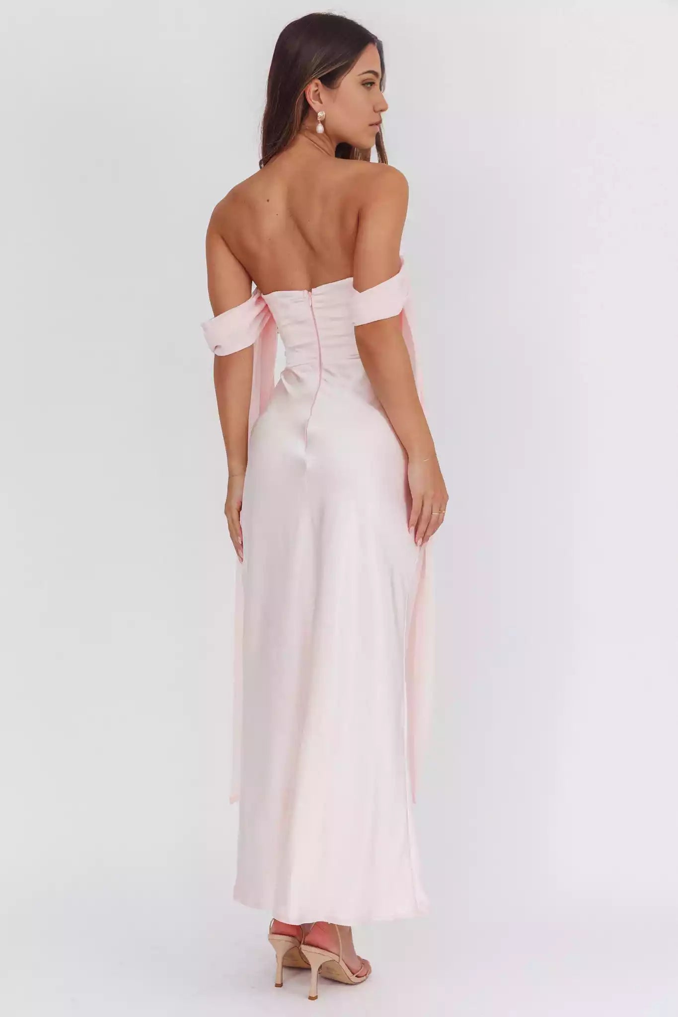Unforgettable lining with hanging off shoulder sleeves and zippered back Prom Dresses