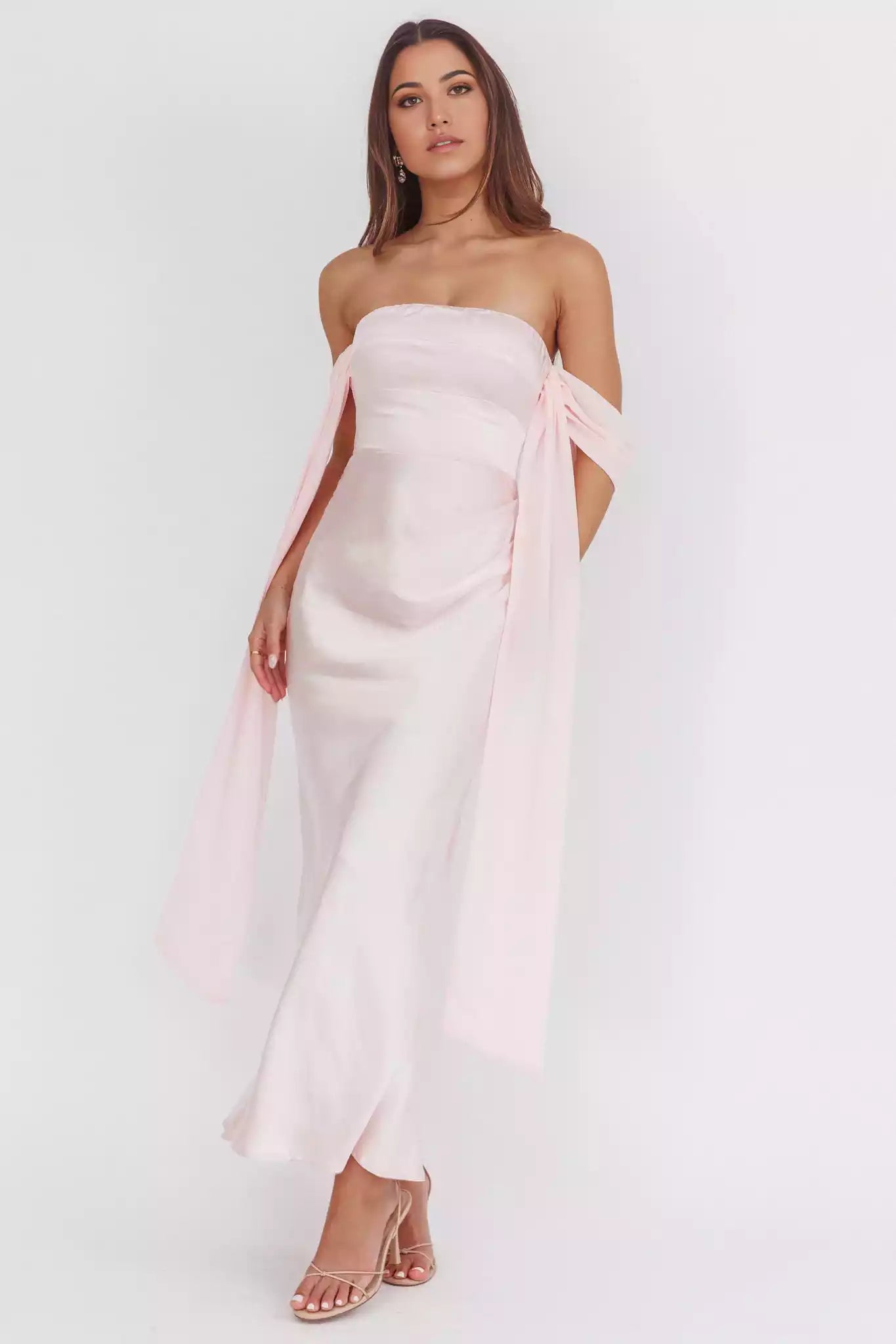 Unforgettable lining with hanging off shoulder sleeves and zippered back Prom Dresses