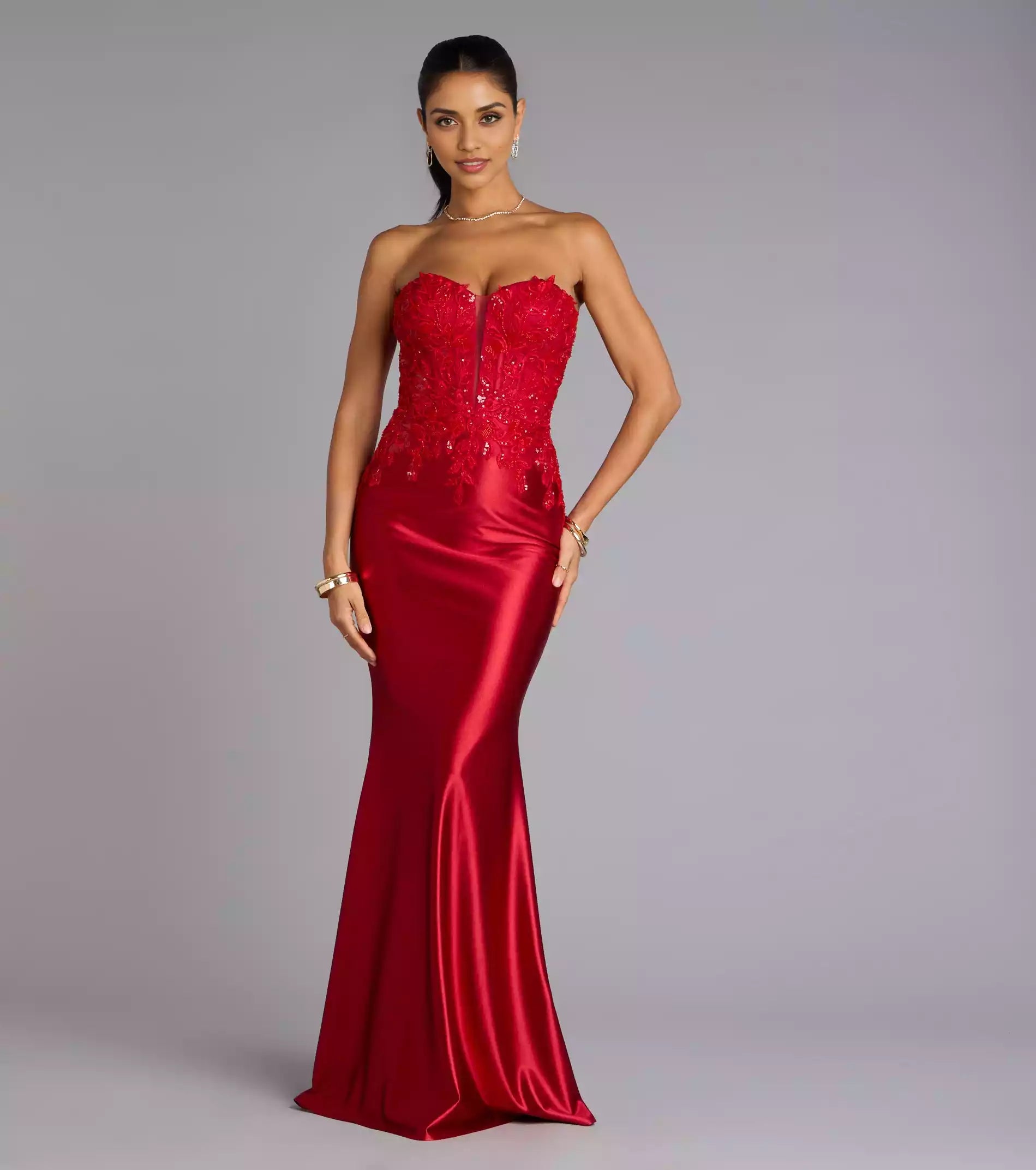 Unforgettable stretch satin strapless neckline corset back zipper mermaid and floor Prom Dresses