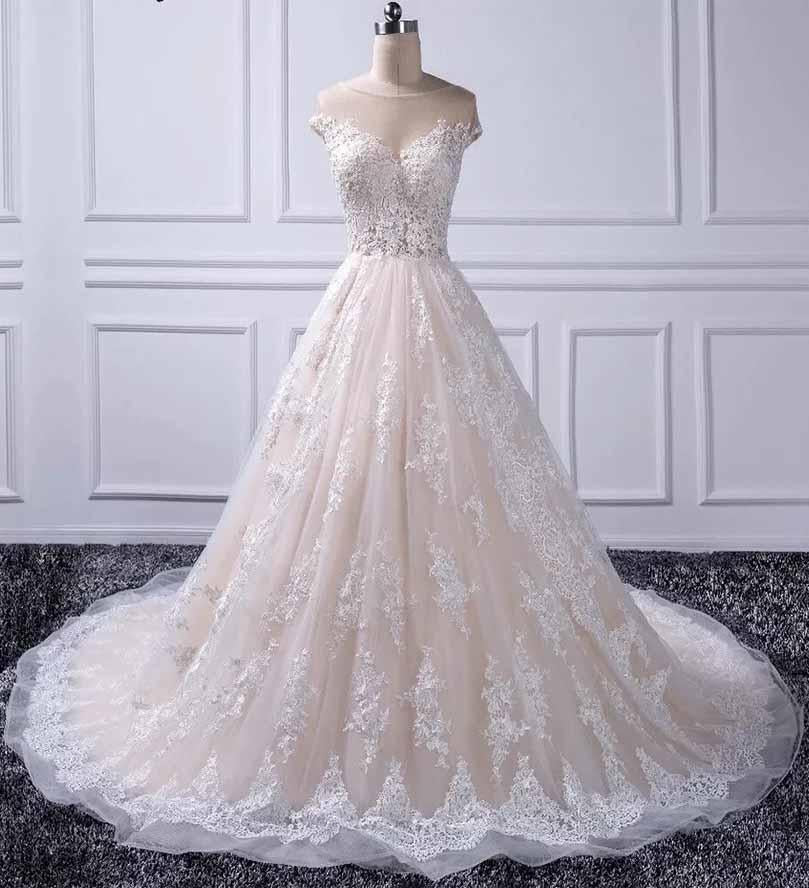 A Line Lace Appliques Cap Sleeves Ivory V Neck Beads Wedding Dresses