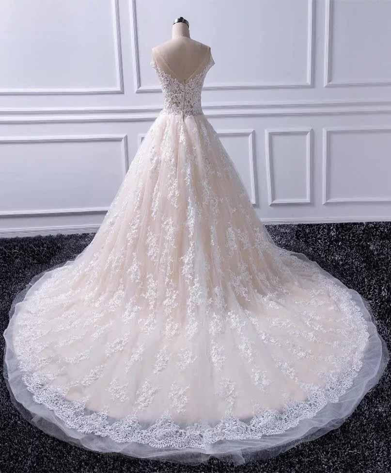 A Line Lace Appliques Cap Sleeves Ivory V Neck Beads Wedding Dresses