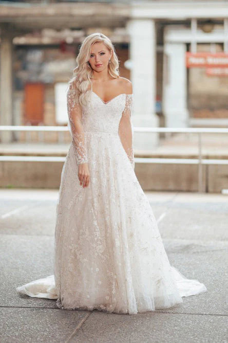A Line Off the Shoulder Long Sleeve Lace Beach Wedding Dress