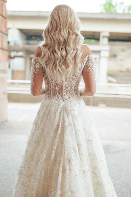 A Line Off the Shoulder Long Sleeve Lace Beach Wedding Dress