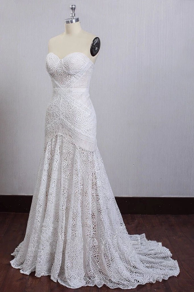 Unique Mermaid Off The Shoulder Ivory Lace Beach Wedding Dresses Bridal Gowns