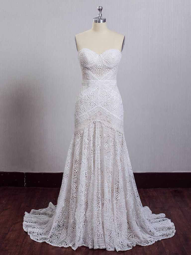 Unique Mermaid Off The Shoulder Ivory Lace Beach Wedding Dresses Bridal Gowns