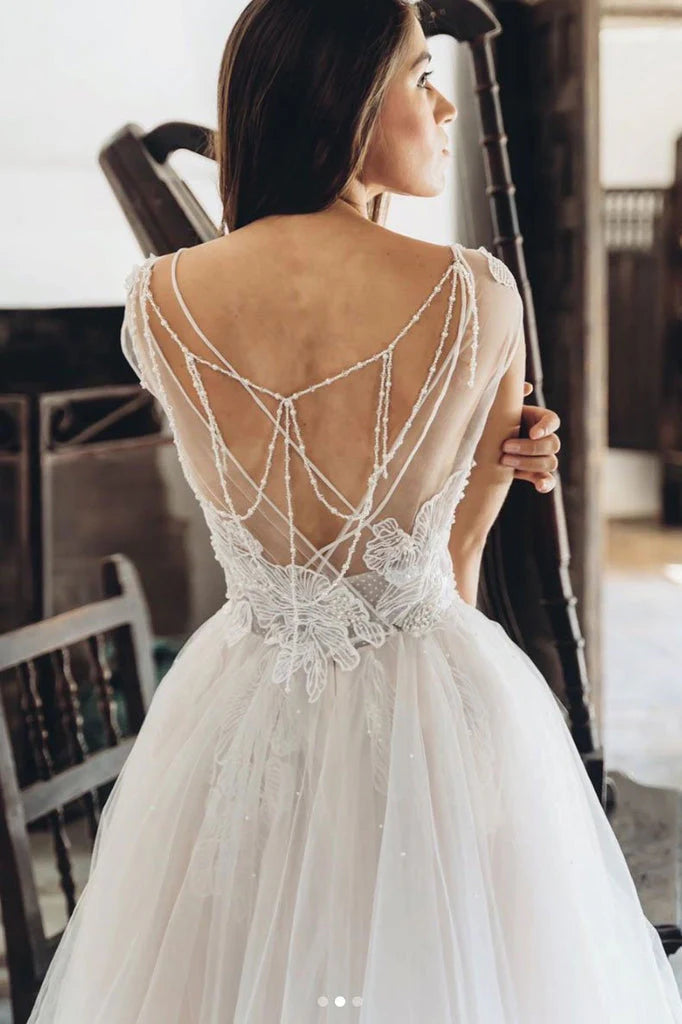 Unique Tulle Scoop Neck Cap Sleeve Lace Applique Wedding Dresses Beach Wedding Gowns