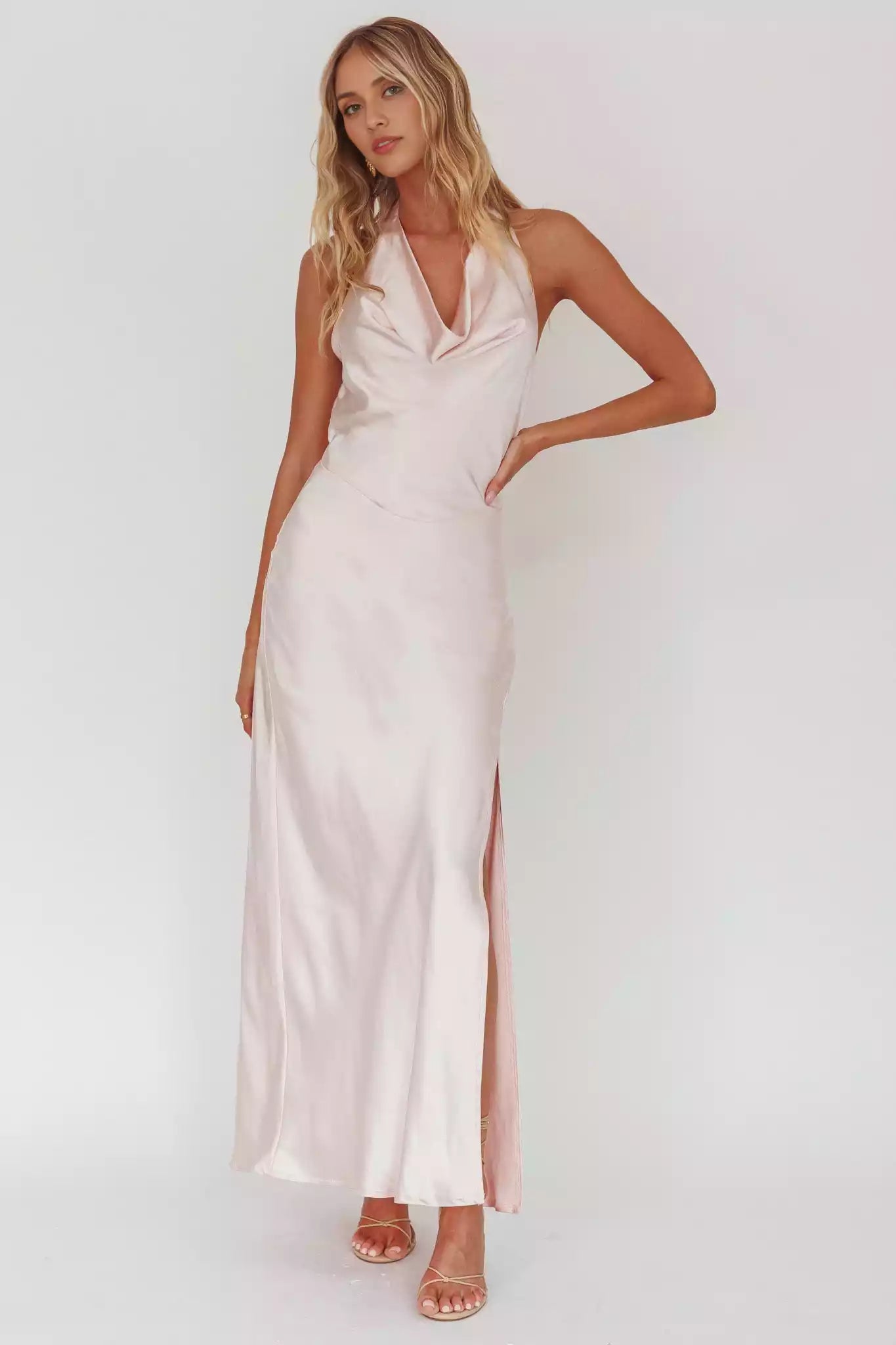 Unique backless side slit satin scarf collar with zipper at the back Prom Dresses