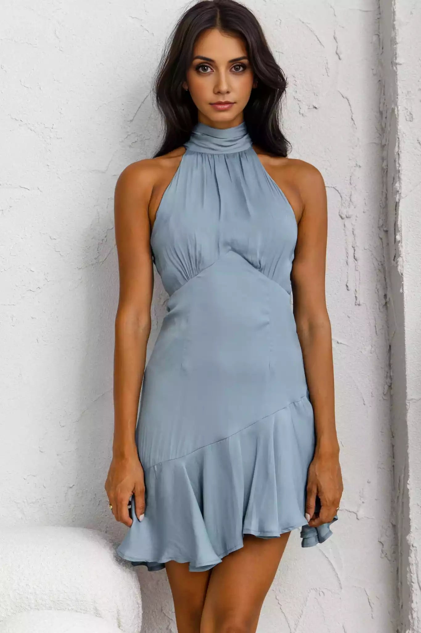 Unique hanging neck high neck bow details with ruffled hem and zipper at the back Homecoming Dresses