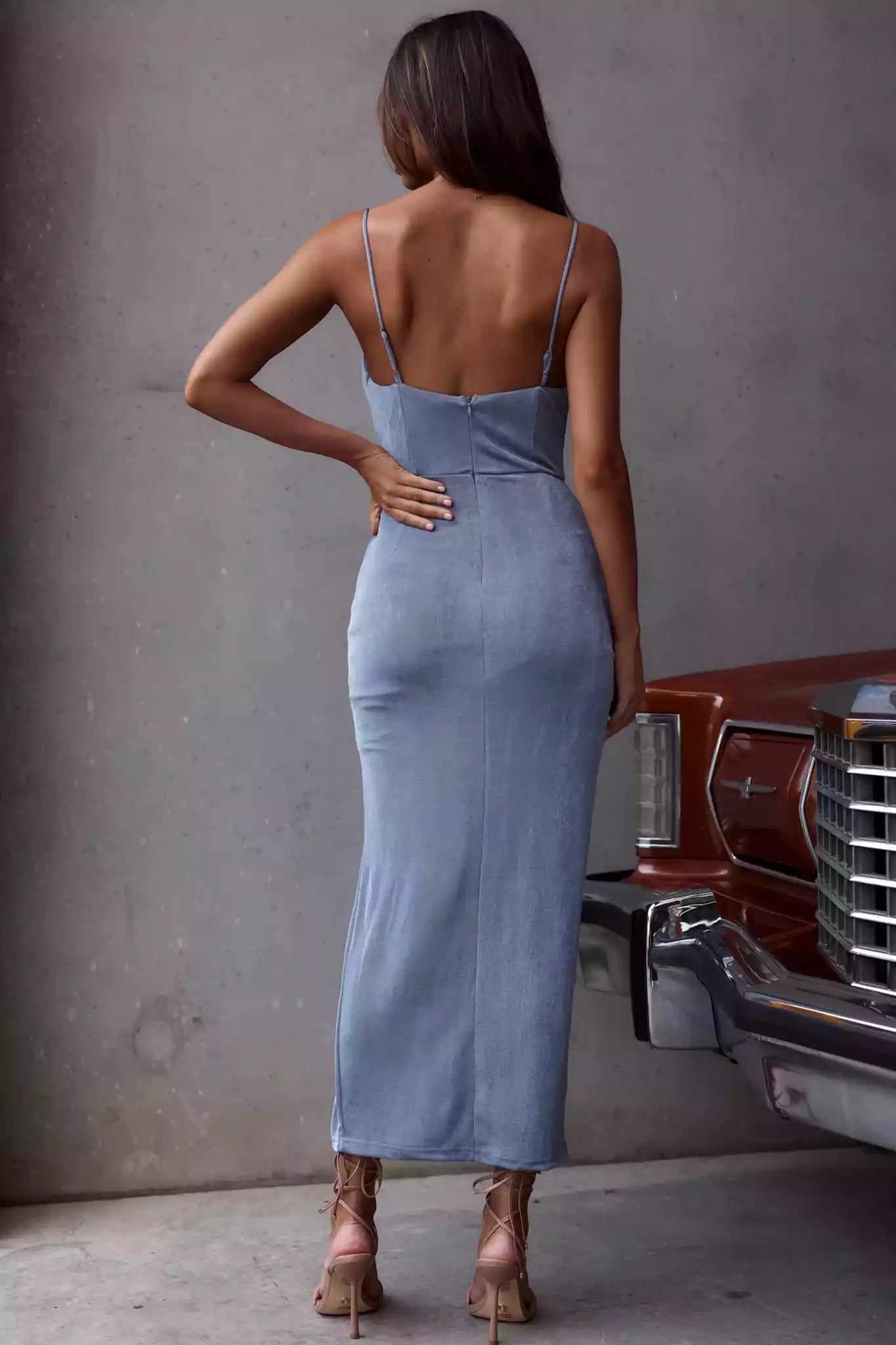 Unique medium to long stretch fabric with adjustable lining, front split straps and zipper at the back Prom Dresses