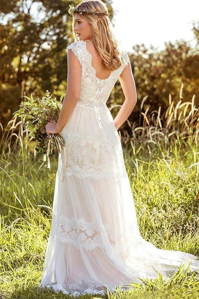 V Neck A Line Lace Straps Wedding Dresses Ivory Backless Long Bride Dresses