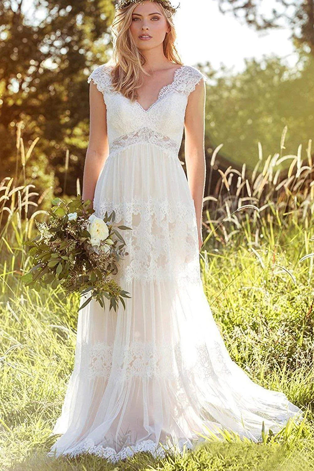 V Neck A Line Lace Straps Wedding Dresses Ivory Backless Long Bride Dresses