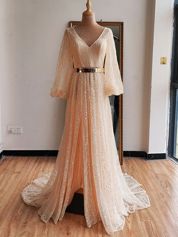 V Neck Beading Gold Wedding Dress with V Back Long Sleeve Prom Dresses
