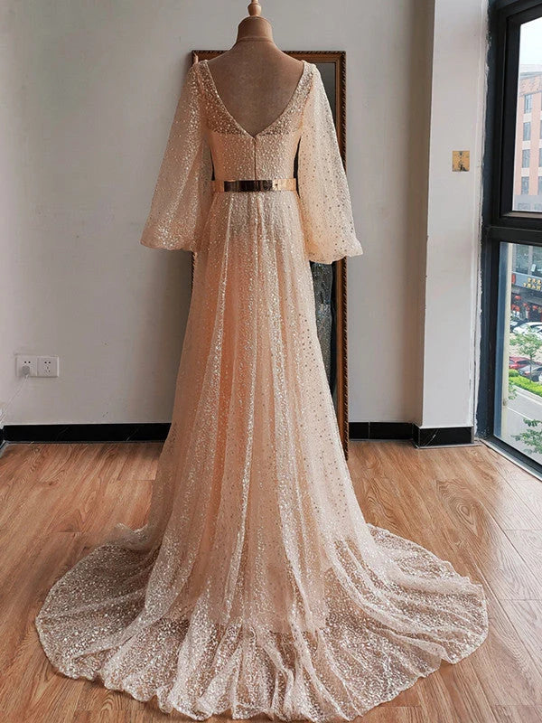 V Neck Beading Gold Wedding Dress with V Back Long Sleeve Prom Dresses