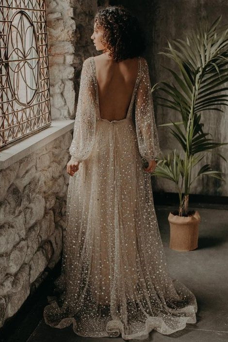 V Neck Beading Gold Wedding Dress with V Back Long Sleeve Prom Dresses
