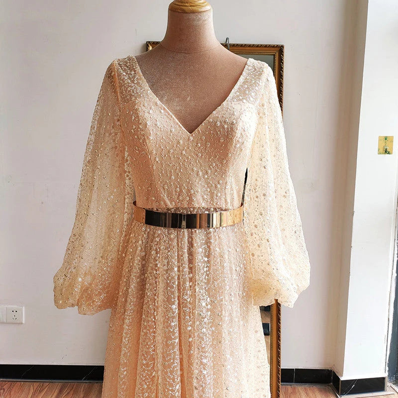 V Neck Beading Gold Wedding Dress with V Back Long Sleeve Prom Dresses