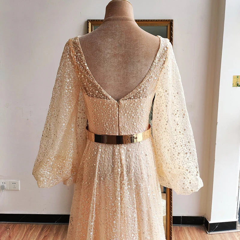 V Neck Beading Gold Wedding Dress with V Back Long Sleeve Prom Dresses