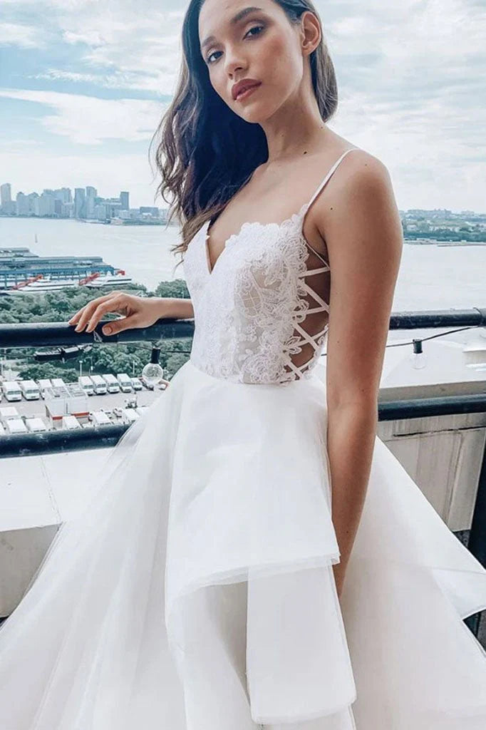 Dingji WeddingjiDress V Neck Lace Top Spaghetti Straps Wedding Dresses
