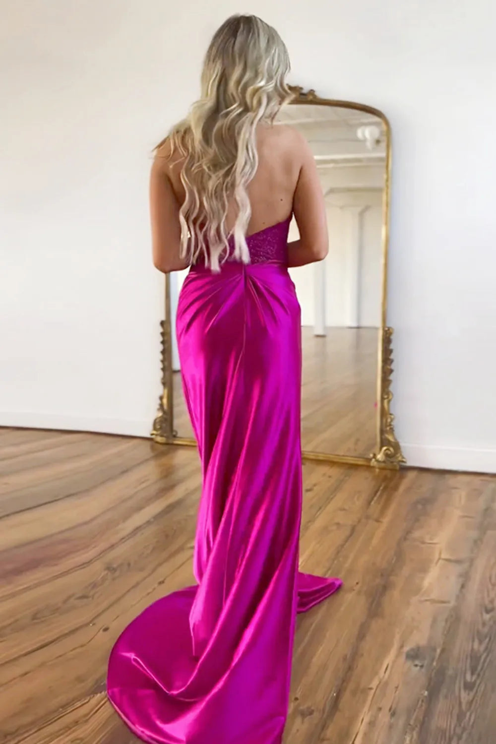 Fuchsia Deep V-Neck Mermaid Long Satin Prom Dress With Slit