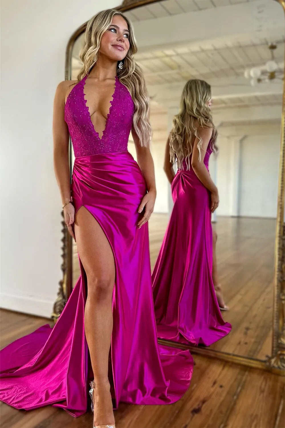 Fuchsia Deep V-Neck Mermaid Long Satin Prom Dress With Slit