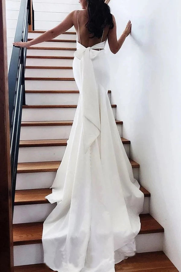 Spaghetti Straps Backless V Neck Mermaid Wedding Dresses