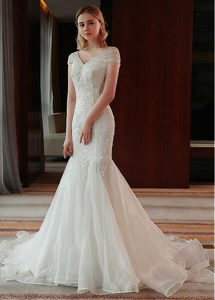 Dingji WeddingjiDress V Neck Mermaid Wedding Dresses Tulle With Lace Appliques Sweep Train