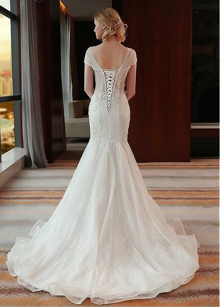 Dingji WeddingjiDress V Neck Mermaid Wedding Dresses Tulle With Lace Appliques Sweep Train